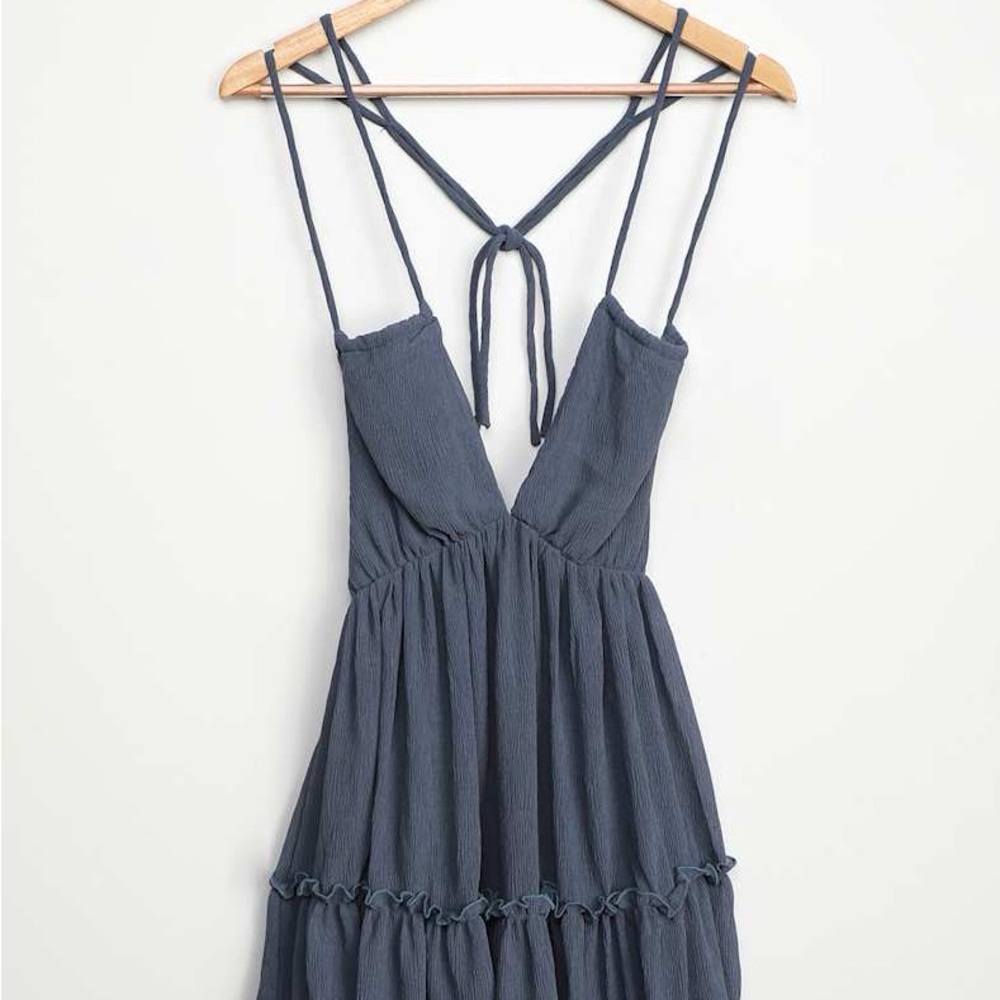 Lulu's Slate Gray Backless Halter Tiered Mini Dress - Picture 6 of 11